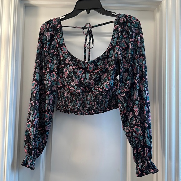 TopShop Crop Smocked Square Neck Floral Print Blouse Multicolor//size 4-6 - Picture 2 of 6